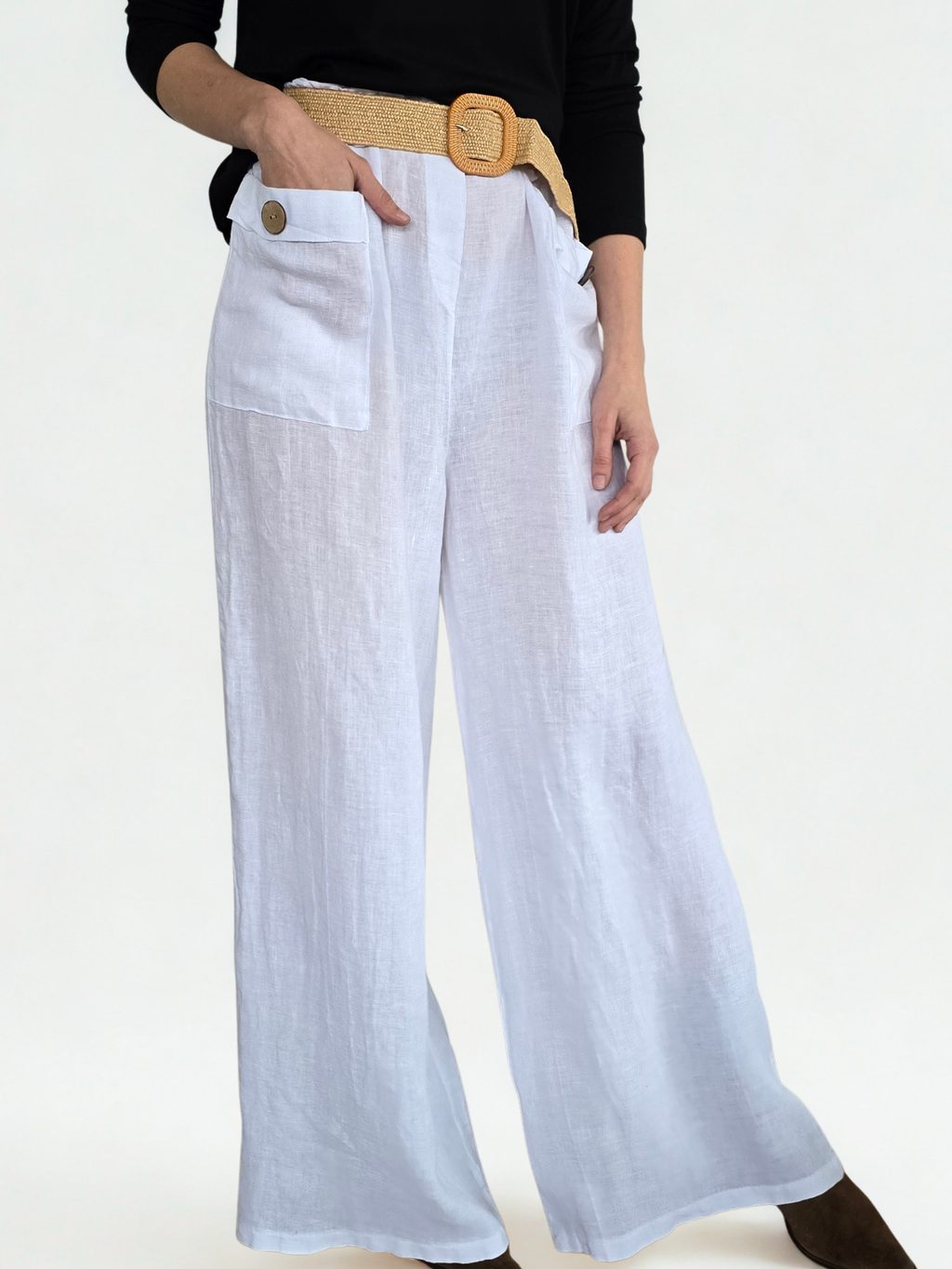 Pantalón de Lino Italiano con Cinturón, color Blanco