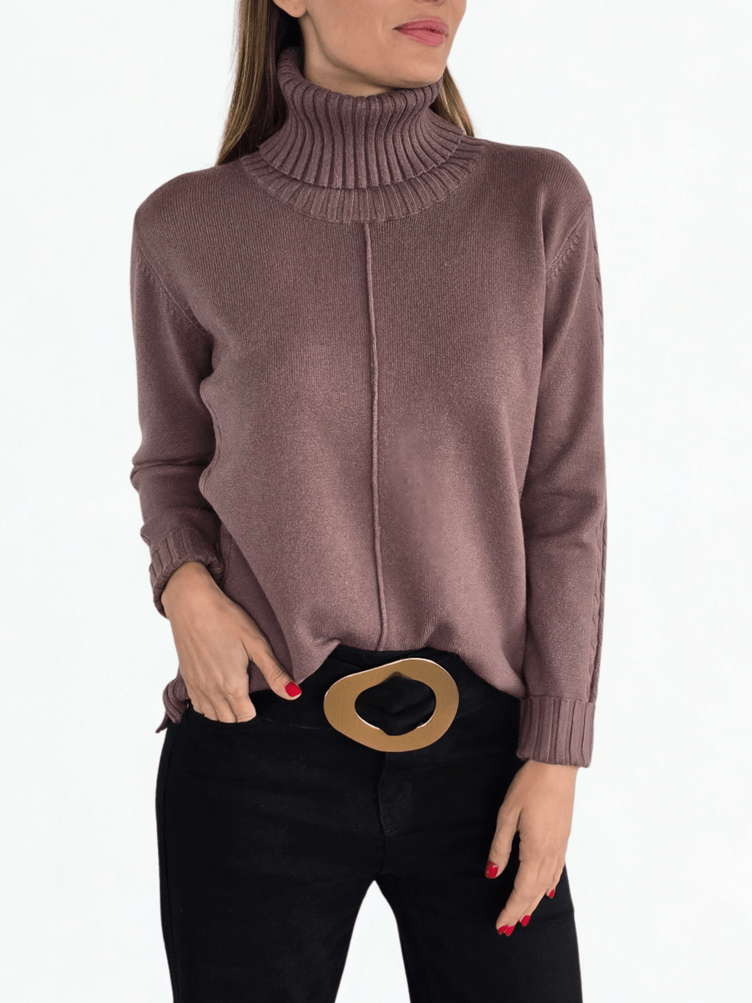 Sweater Cuello subido con Ribete, color Chocolate