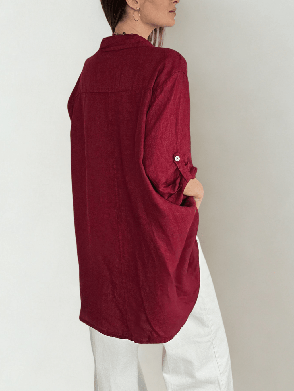 Blusa Italiana 100% lino Ancha, color Guinda