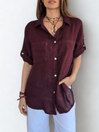 Blusa Italiana 100% Lino dos Bolsillos, color Vino