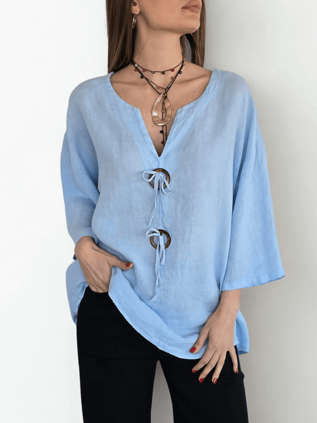 Blusa Italiana 100% Lino, dos Botones, color Celeste