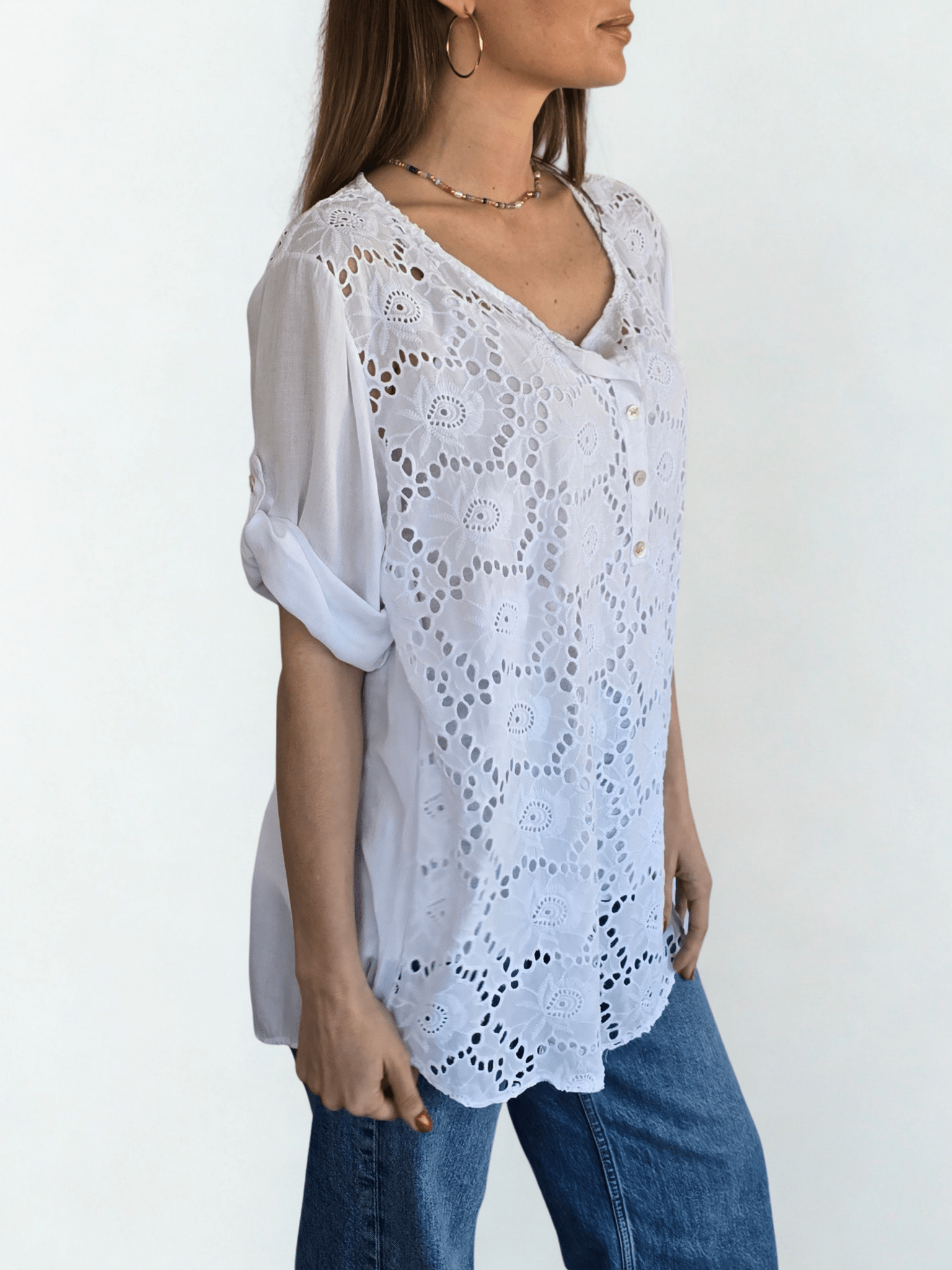 Blusa Italiana Macramé con Polera, color Blanco