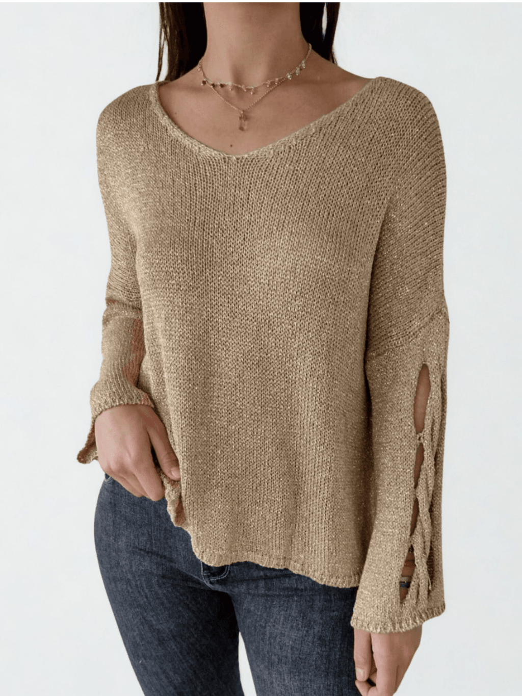 Sweater Italiano con adornos en las mangas, color tostado