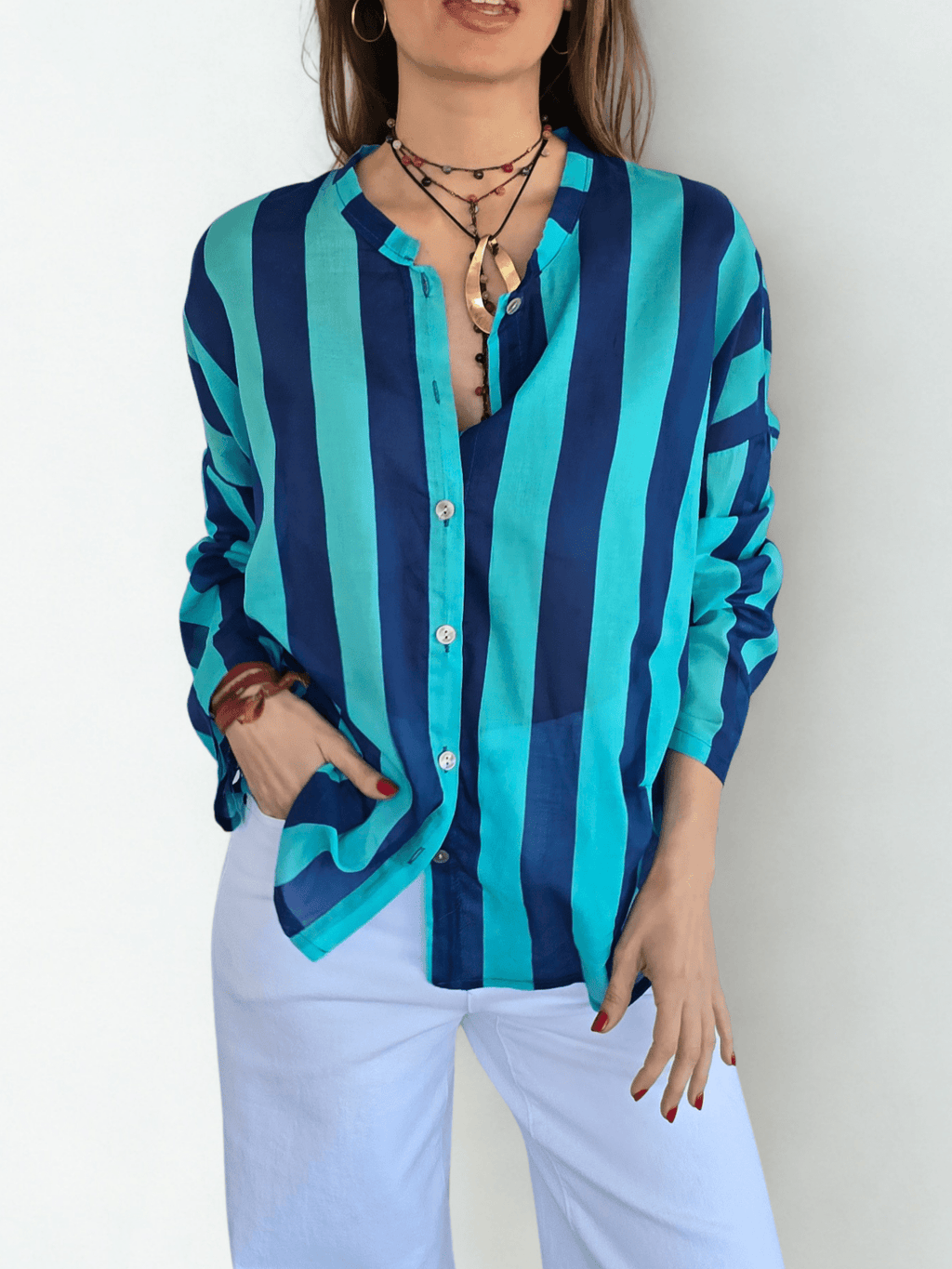 Blusa Italiana Rayada, color Azul con Verde