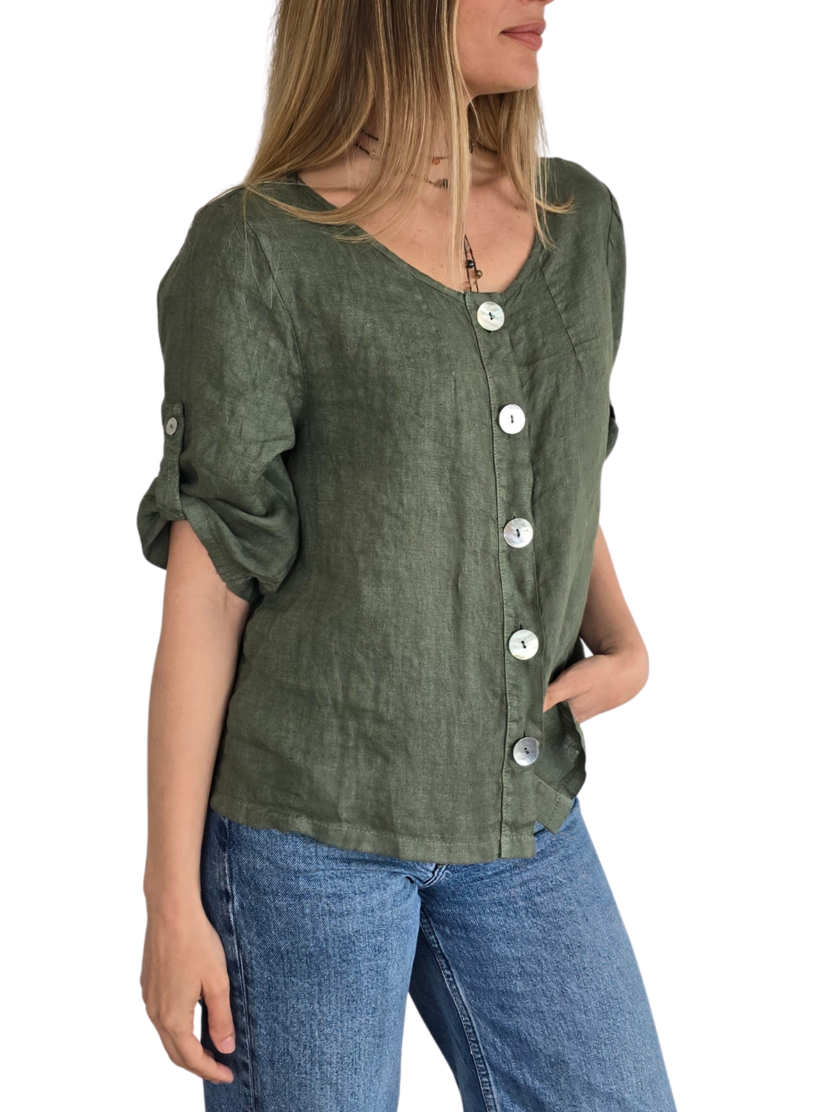 Blusa Italiana 100% Lino Botones, color Verde