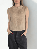 Blusa Italiana 100% Lino, corta, color Camel