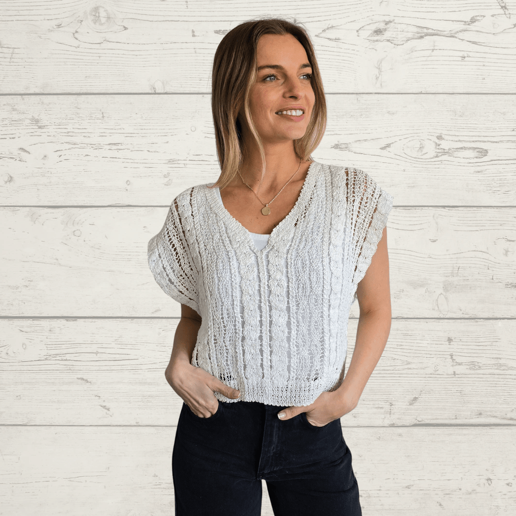 Sweater sin mangas tejido crochet, color Blanco