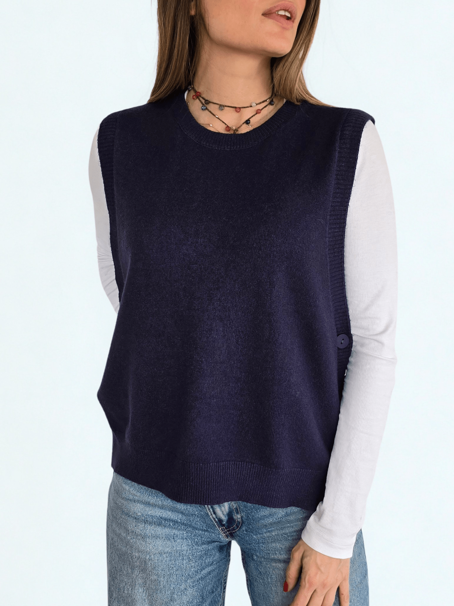 Sweater sin mangas Botones, color Azul Marino