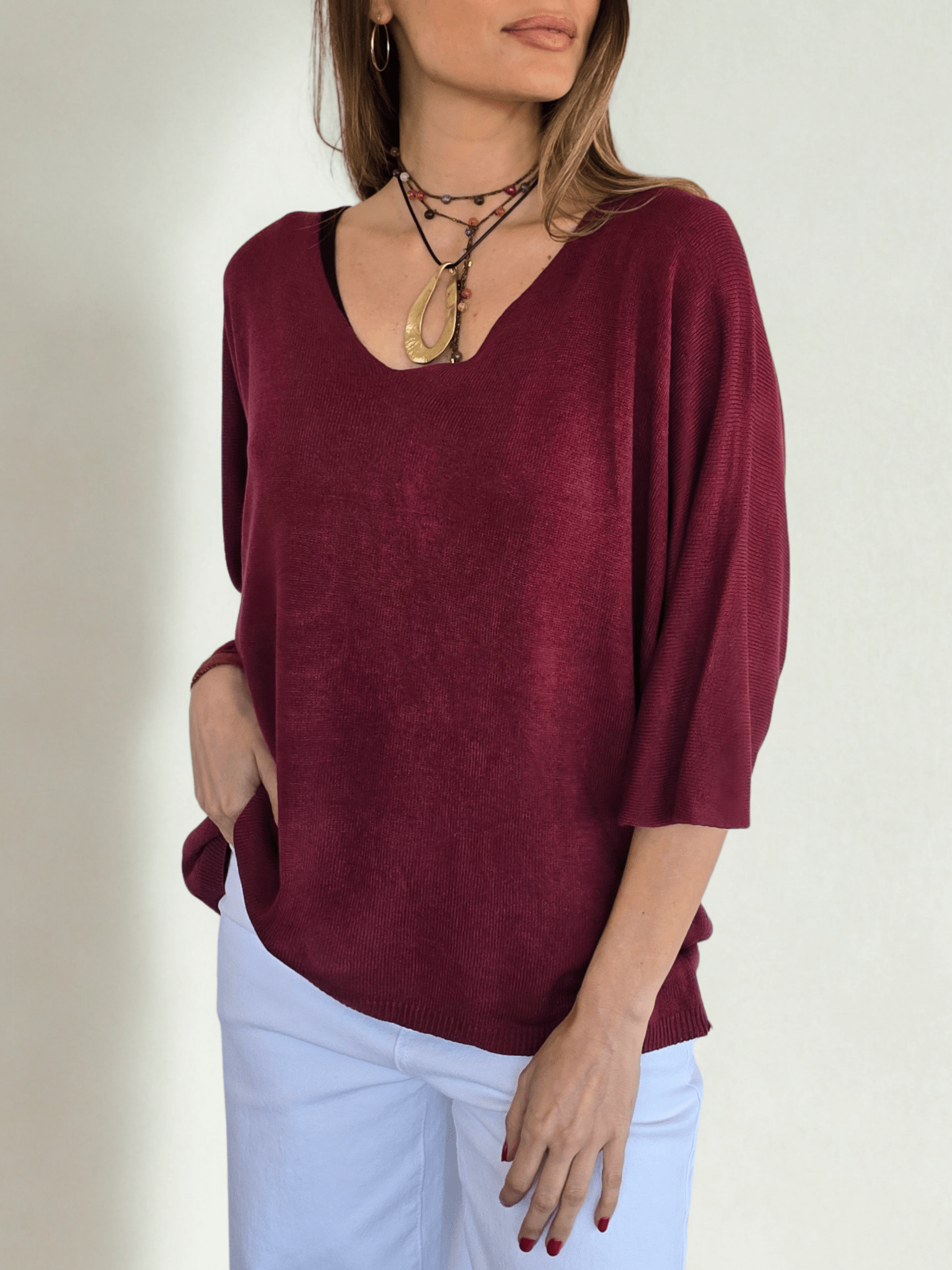 Sweater Italiano Manga 3/4, color Guinda