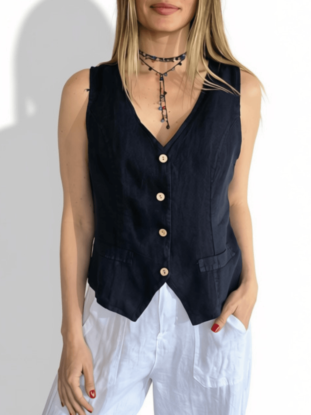 Blusa Gillette Italiano 100% Lino, color Azul Marino