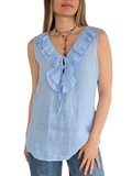 Blusa Italiana 100% Lino Vuelos, color Celeste