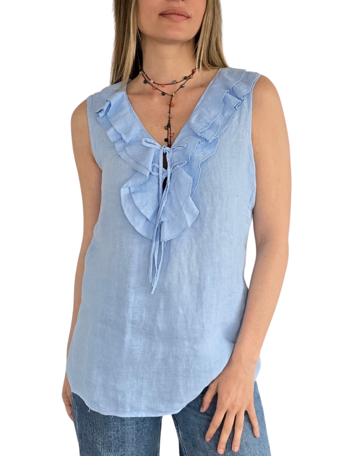Blusa Italiana 100% Lino Vuelos, color Celeste