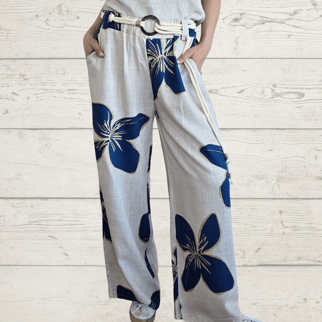 Pantalón Italiano estampado, fondo Beige con Azul