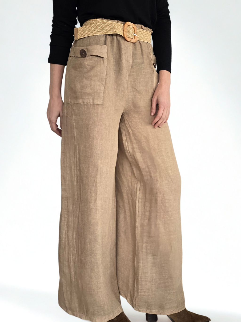 Pantalón de Lino Italiano con Cinturón, color tostado