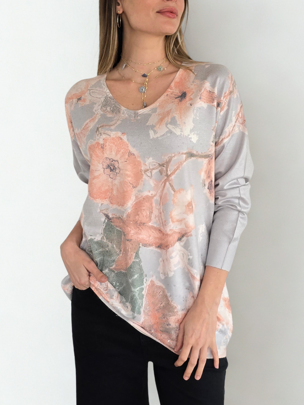 Sweater Estampado, fondo Gris Claro