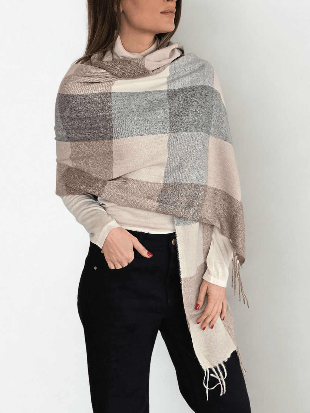 Bufanda cuadros, colores Beige con Gris