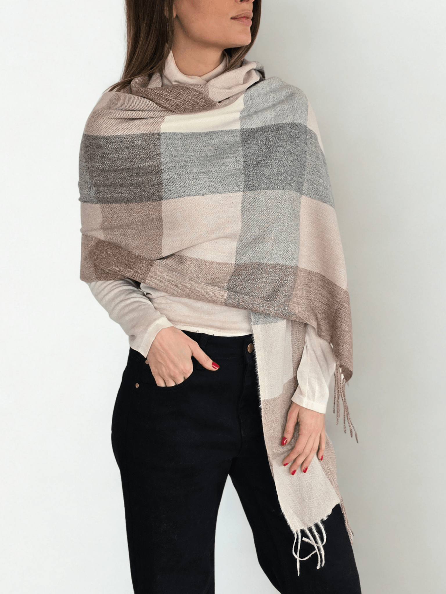 Bufanda cuadros, colores Beige con Gris