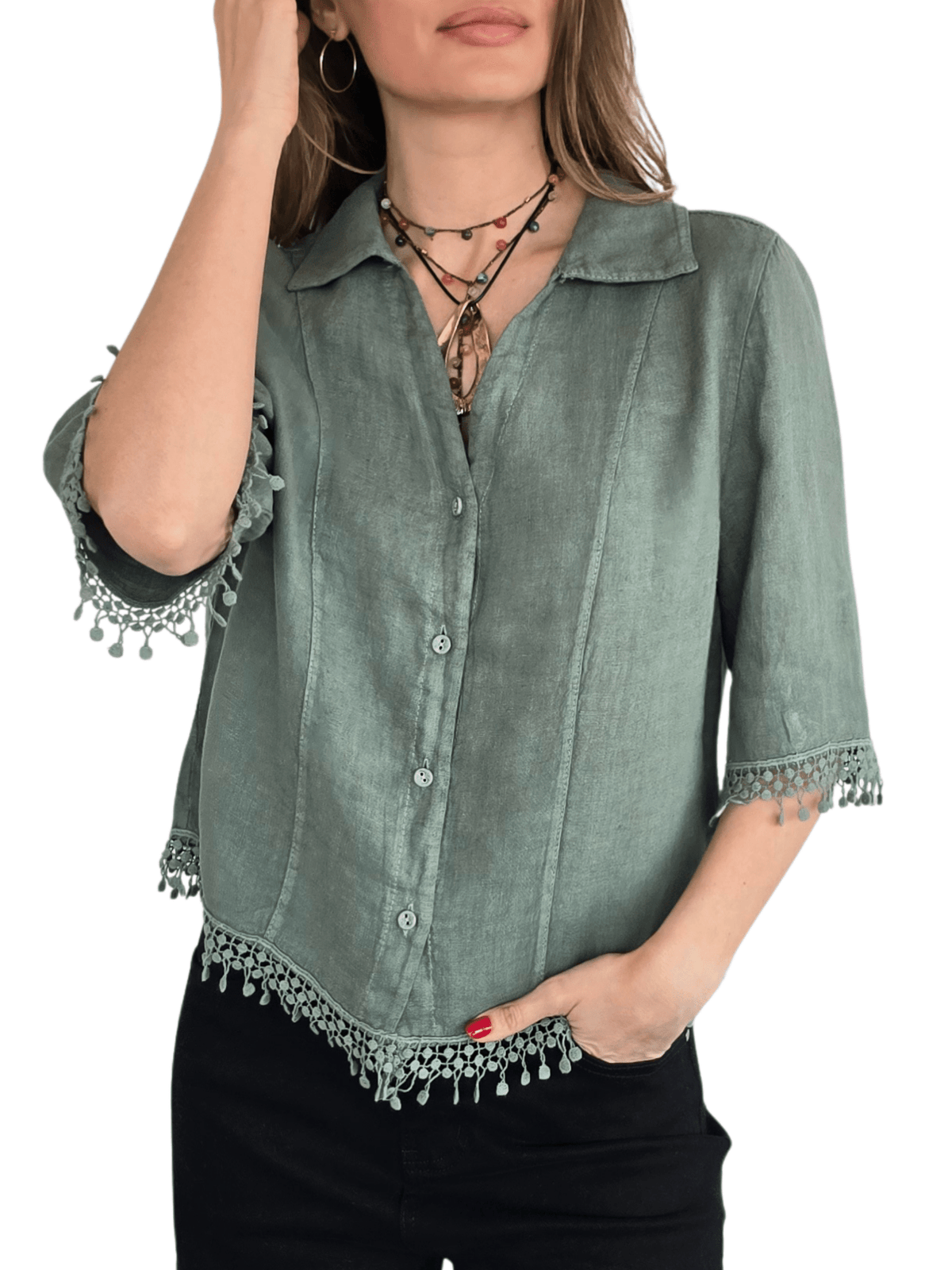 Blusa Italiana 100% Lino Bordada, color Verde