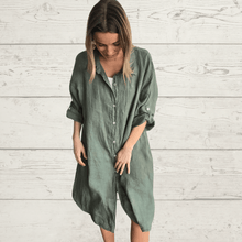 Cargar imagen en el visor de la galería, Vestido de lino Italiano, abotonado, color verde musgo
