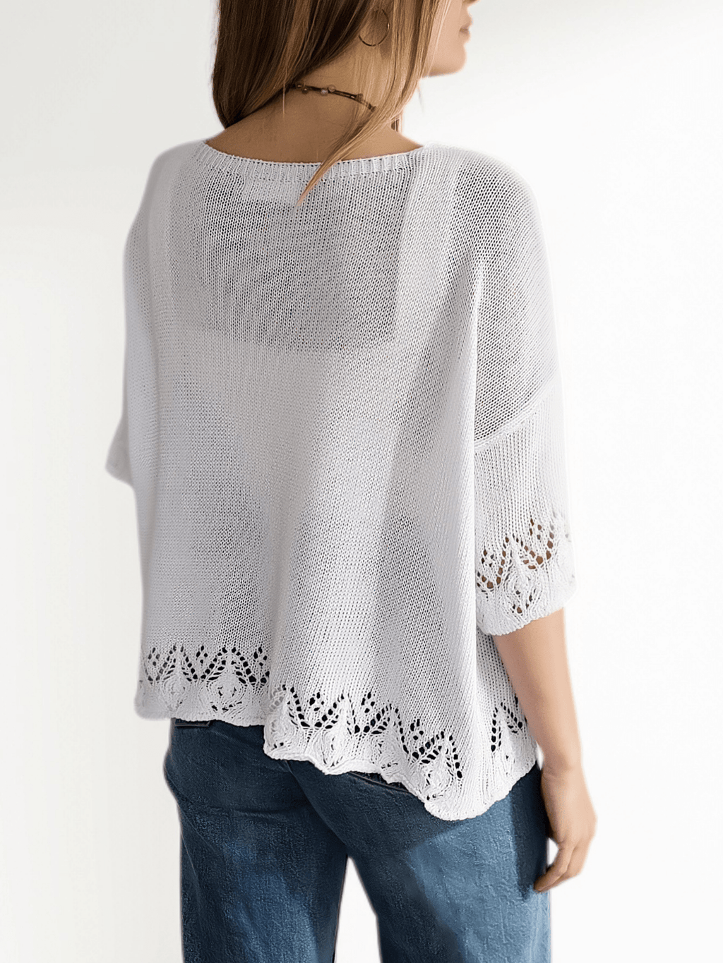 Sweater Italiano Pretina y Puño Calado, color Blanco