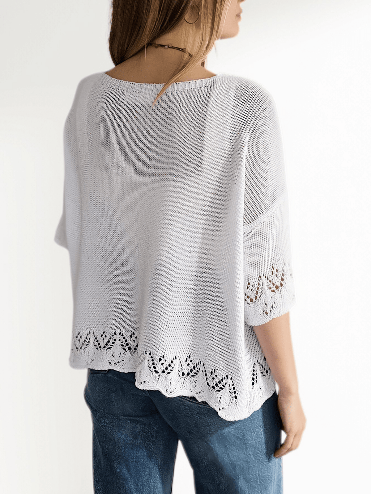 Sweater Italiano Pretina y Puño Calado, color Blanco