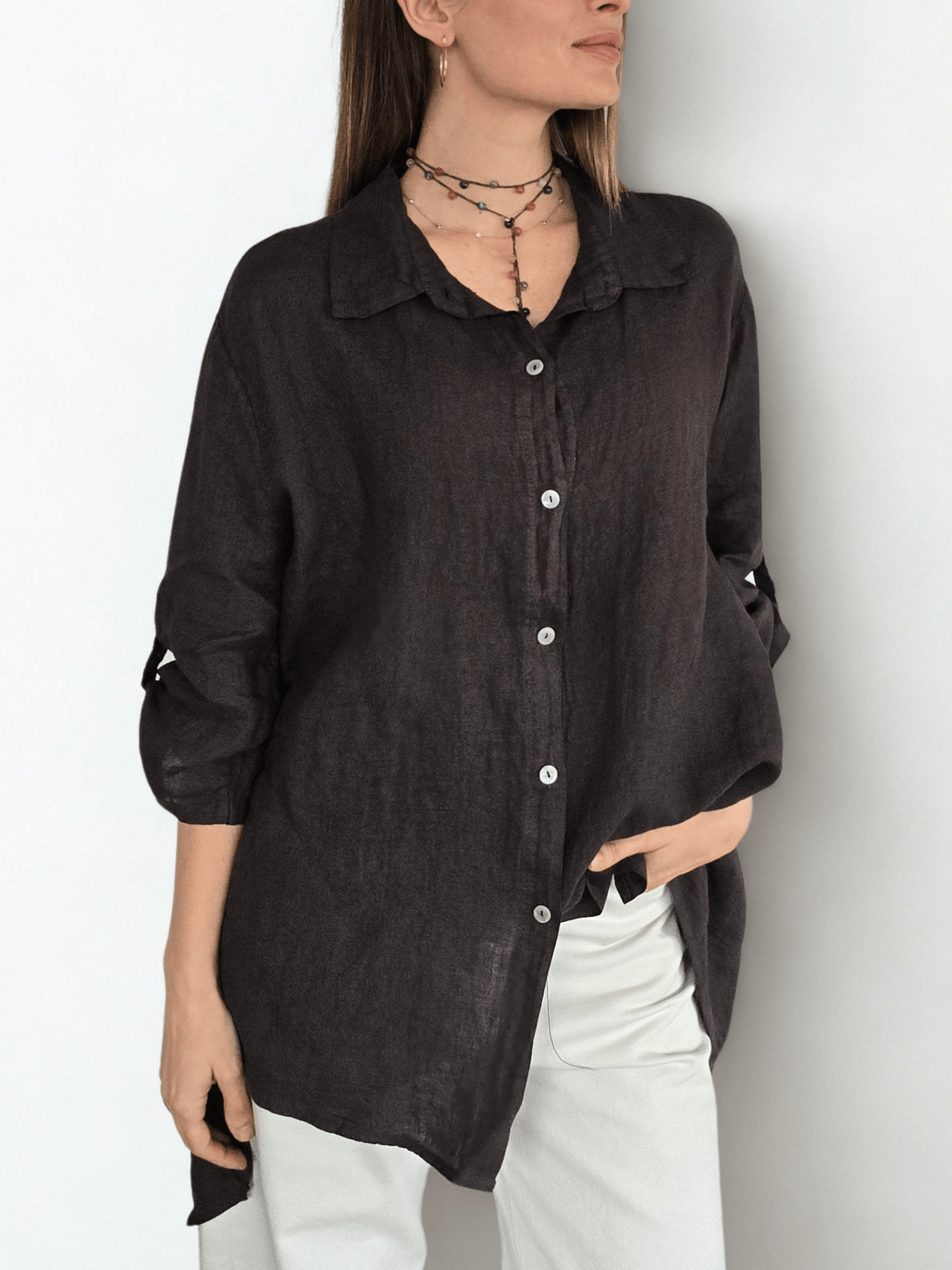 Blusa Italiana 100% lino Ancha, color Café