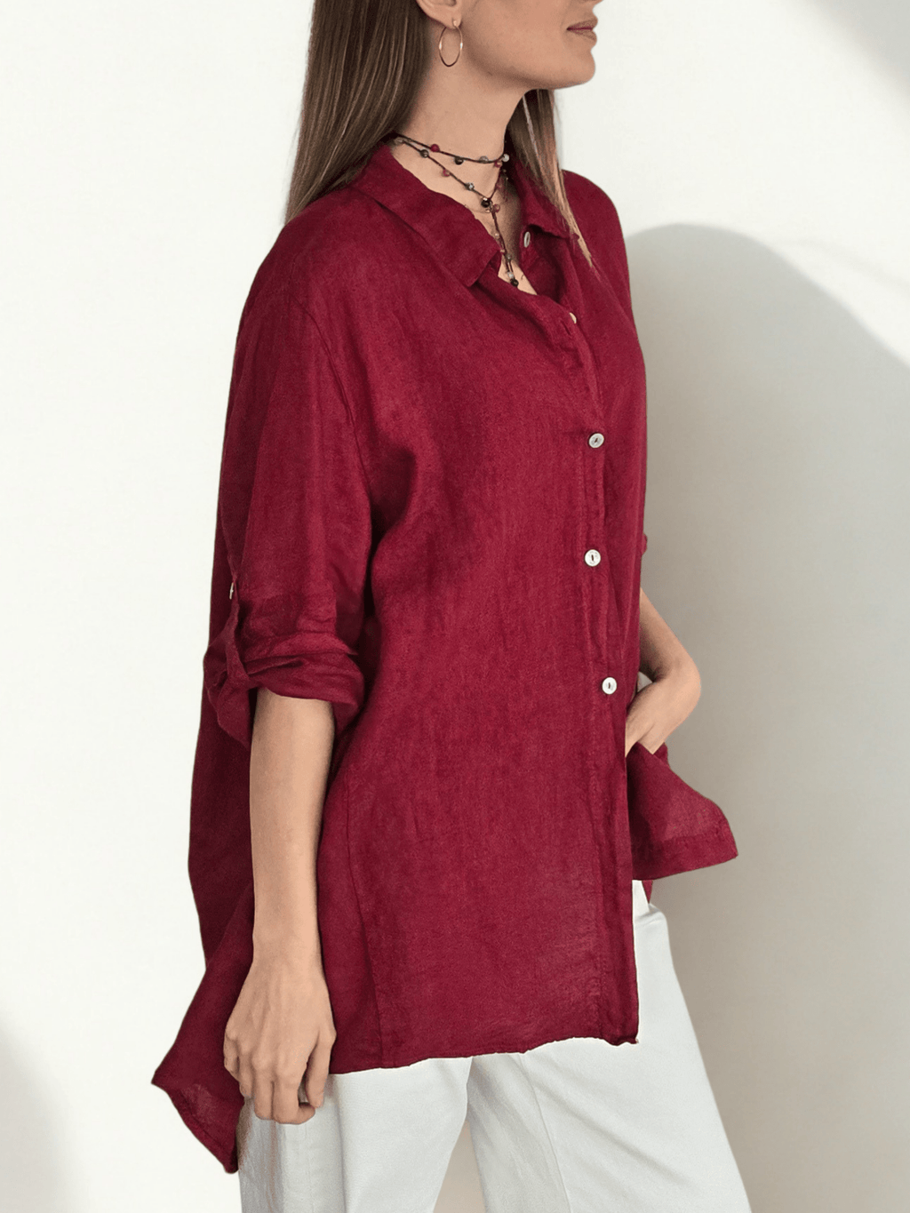 Blusa Italiana 100% lino Ancha, color Guinda