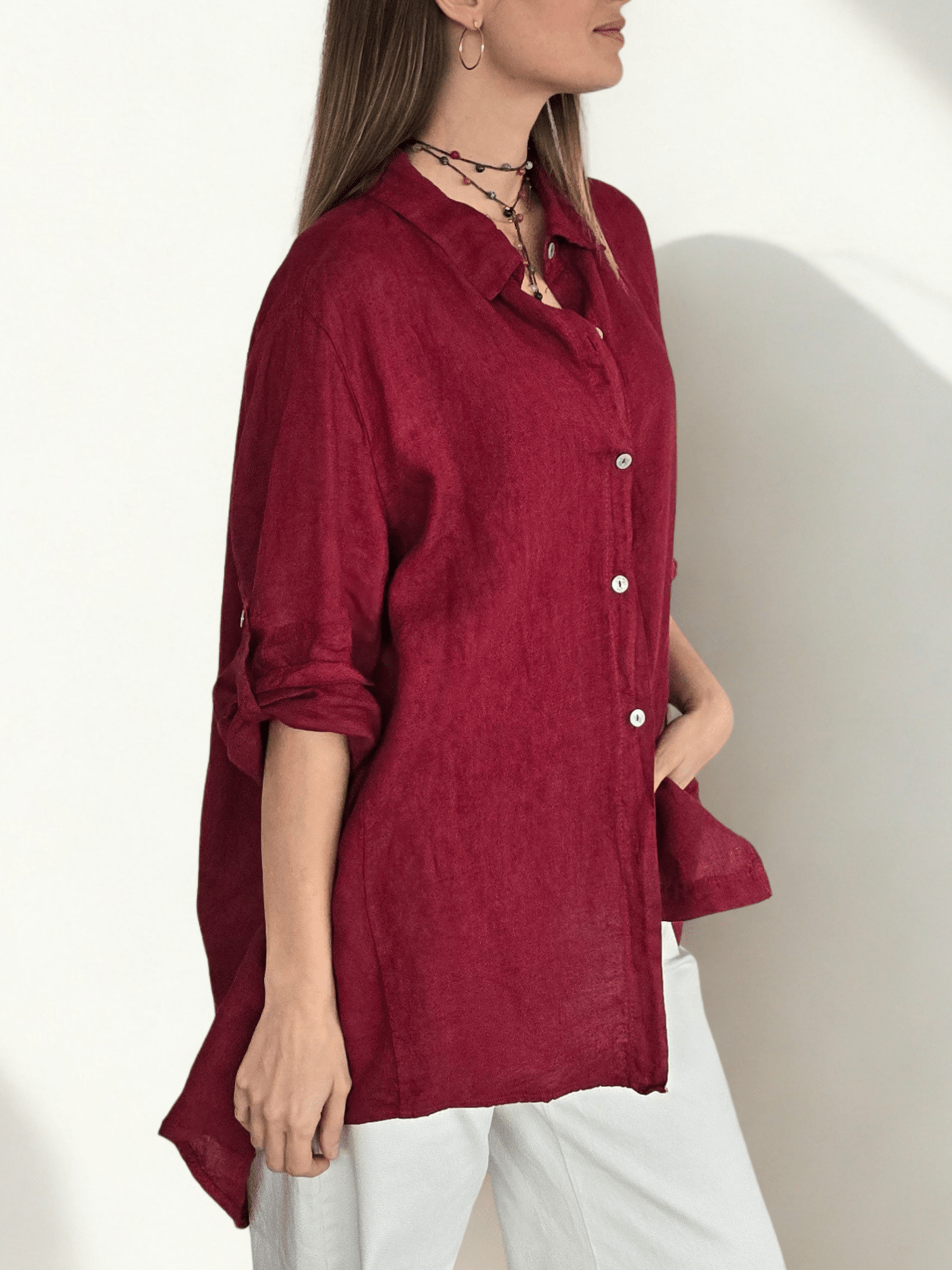 Blusa Italiana 100% lino Ancha, color Guinda