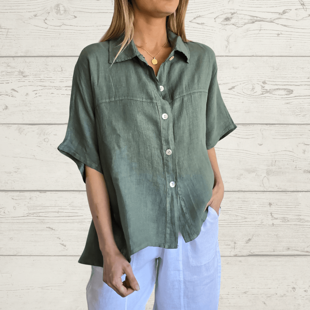 Blusa 100% Lino Italiano manga corta, color Verde Musgo