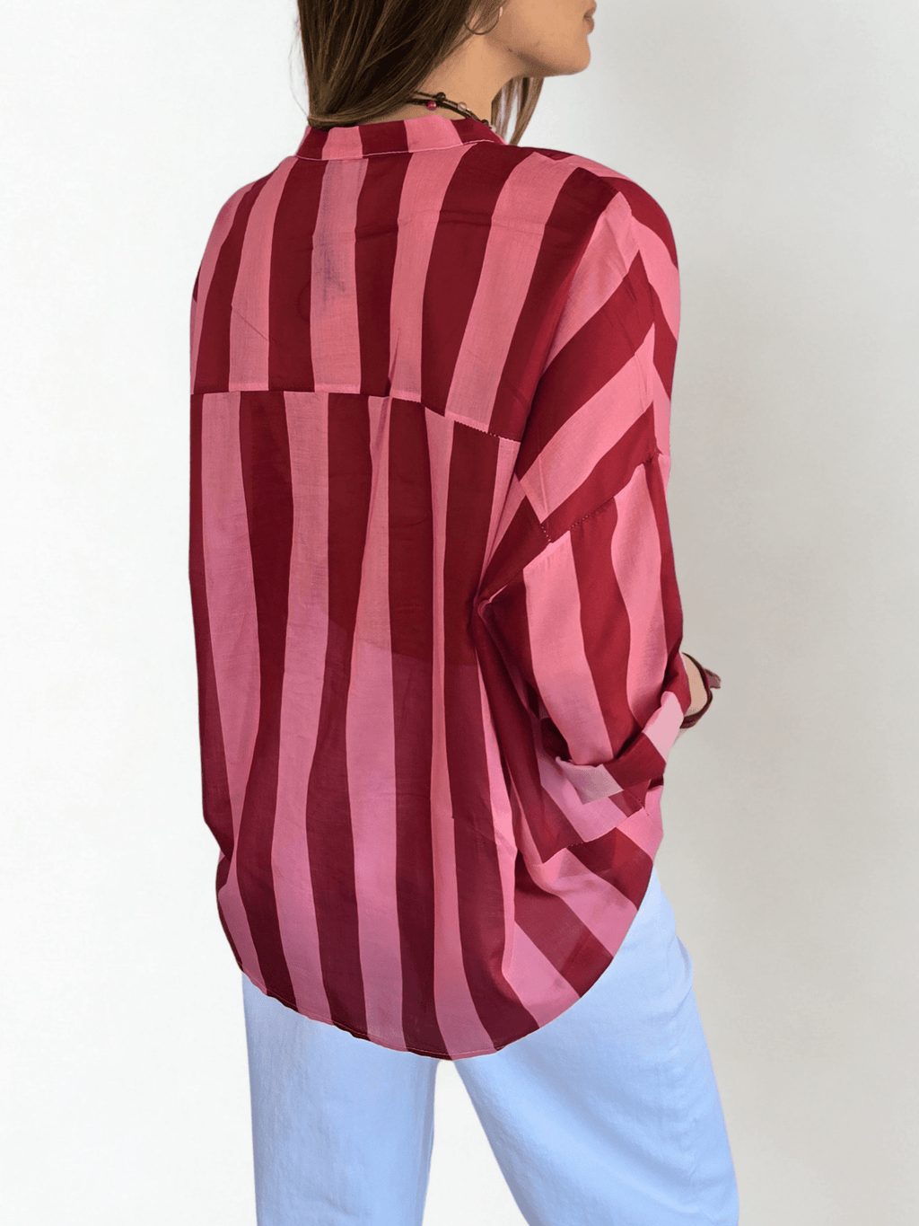 Blusa Italiana Rayada, color Guinda con Rosado