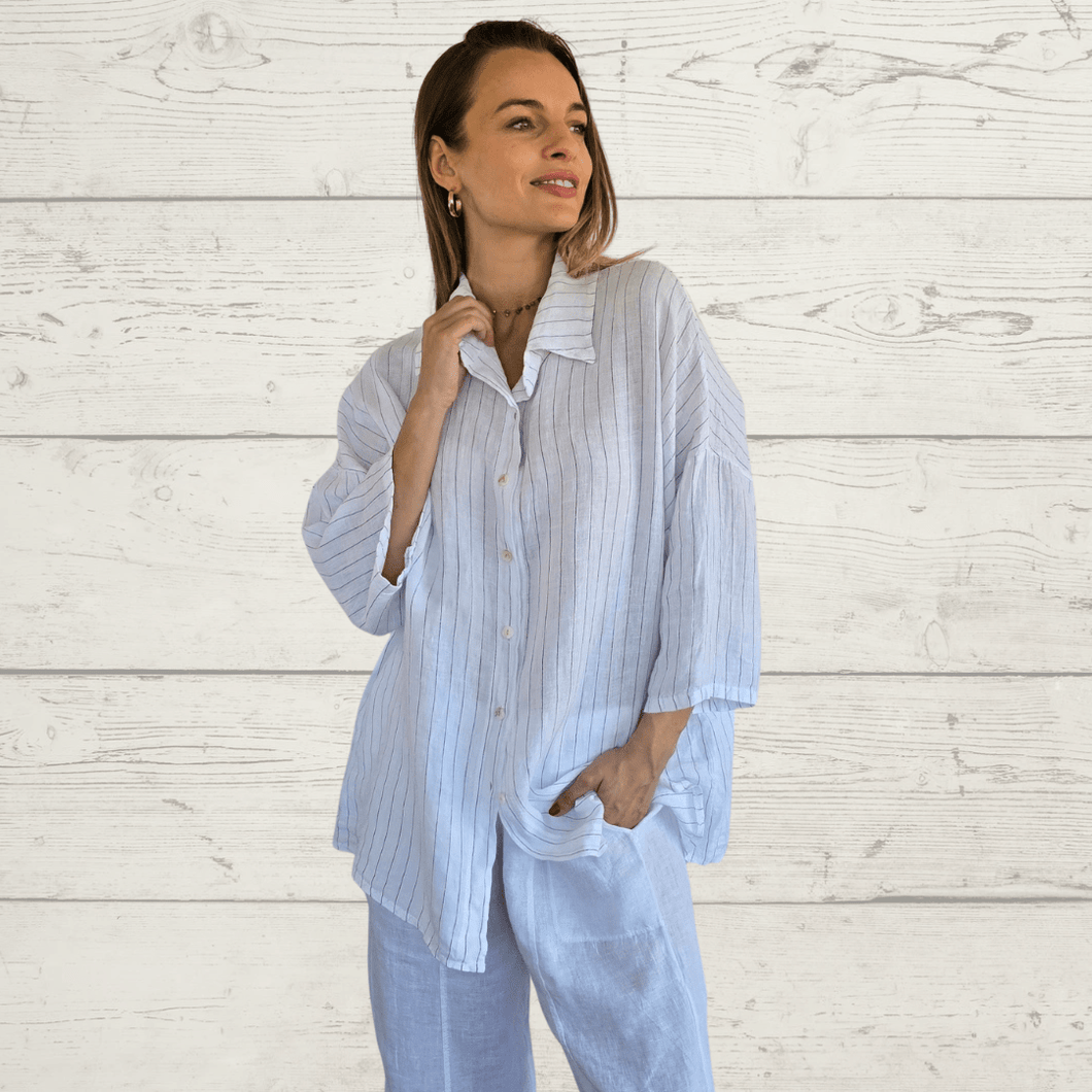 Blusa 100% Lino rayada, fondo Blanco