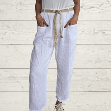 Cargar imagen en el visor de la galería, Pantalón 100% Lino Italiano lazo cintura, color Blanco
