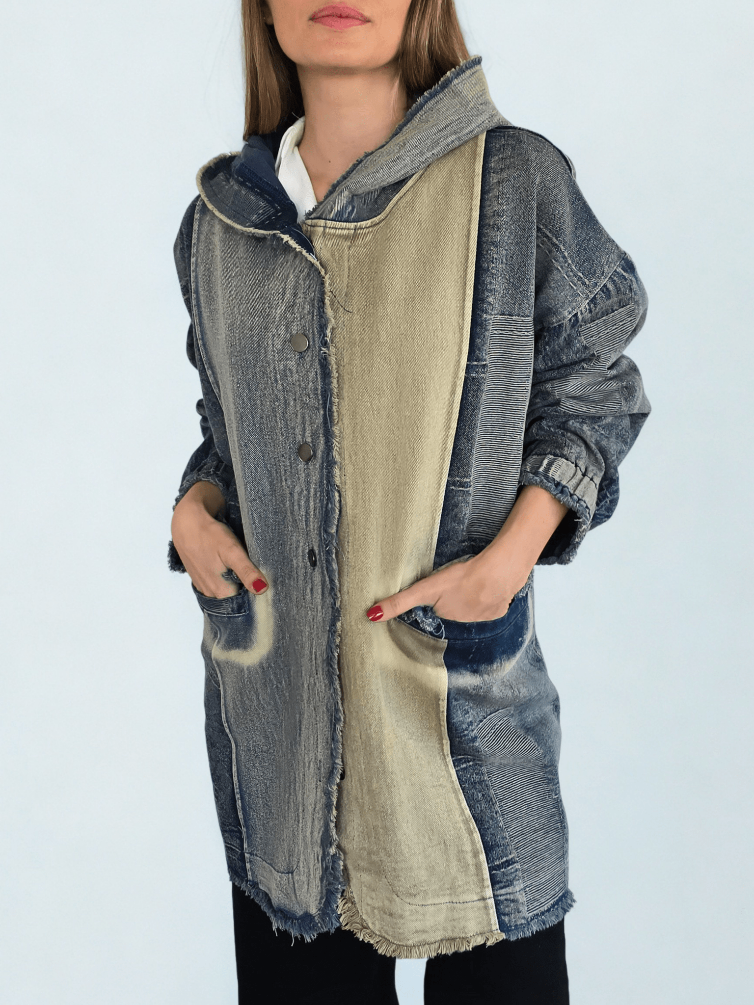 Chaqueta Jeans Dos Colores, color Azul con Beige