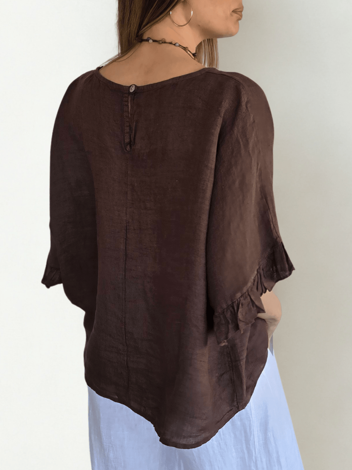 Blusa Italiana 100% Lino con Vuelos, color Chocolate