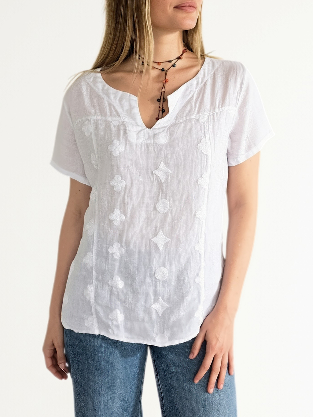 Blusa Italiana 100% Lino Bordad, color Blanco