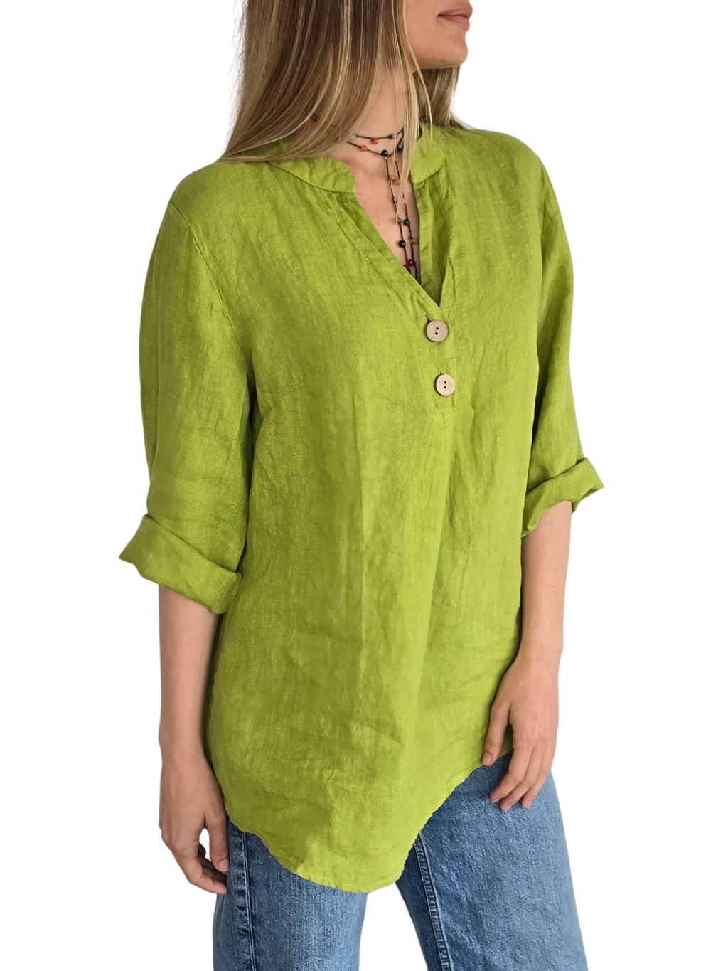 Blusa Italiana 100% Lino dos Botones, color Pistacho