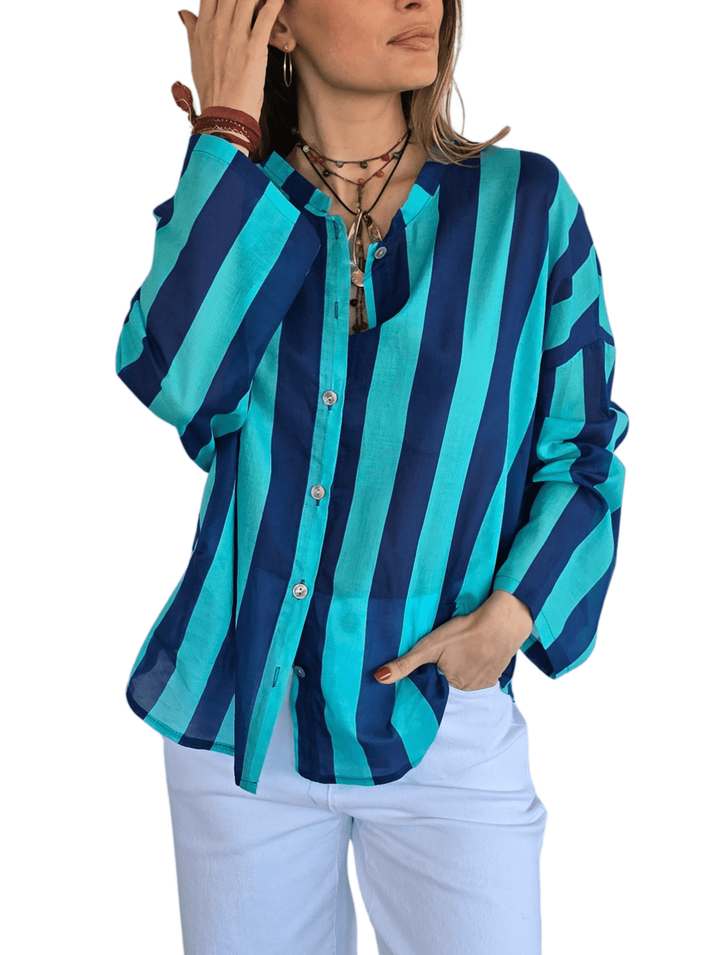 Blusa Italiana Rayada, color Azul con Verde