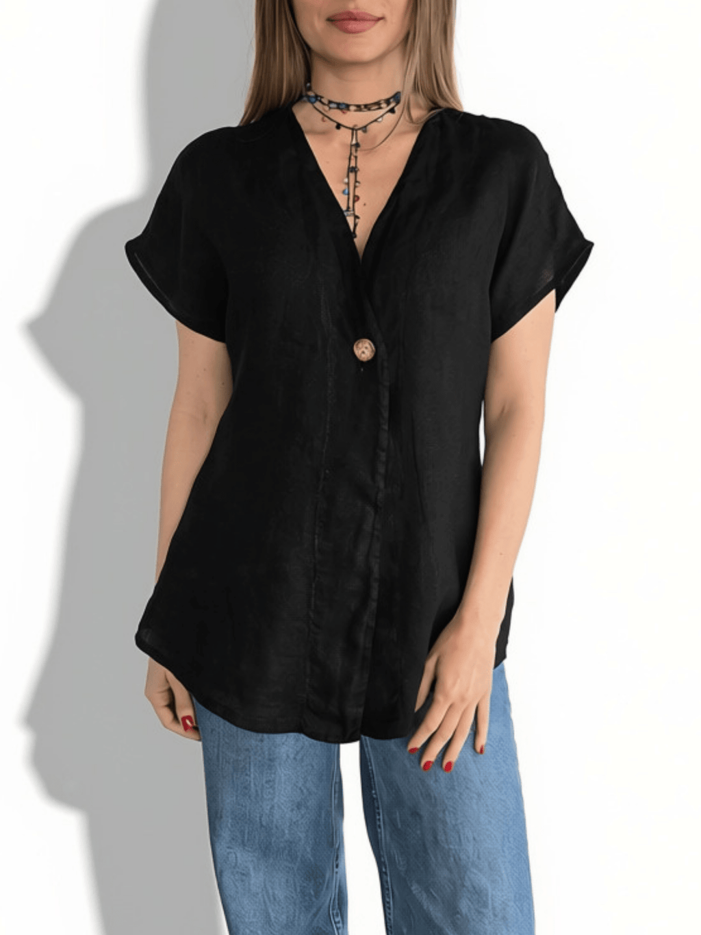 Blusa Italiana 100% Lino un botón, color Negro