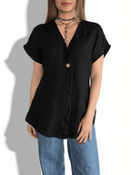 Blusa Italiana 100% Lino un botón, color Negro