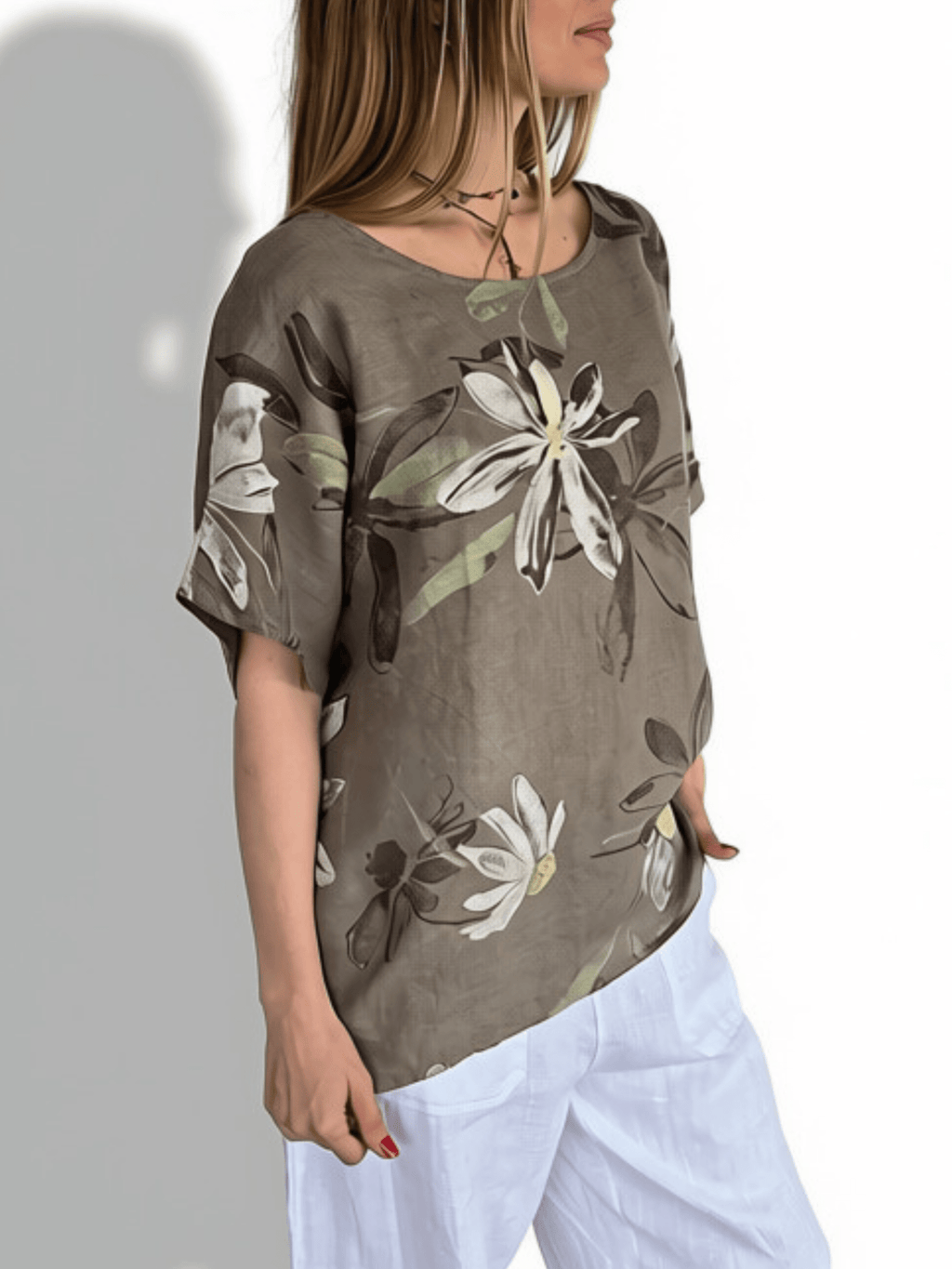 Blusa Italiana Estampada 100% Lino, fondo Taupe