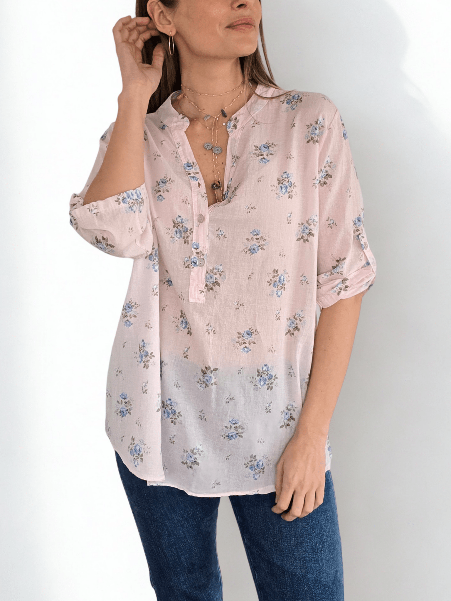 Blusa Italiana Flores, fondo Rosado