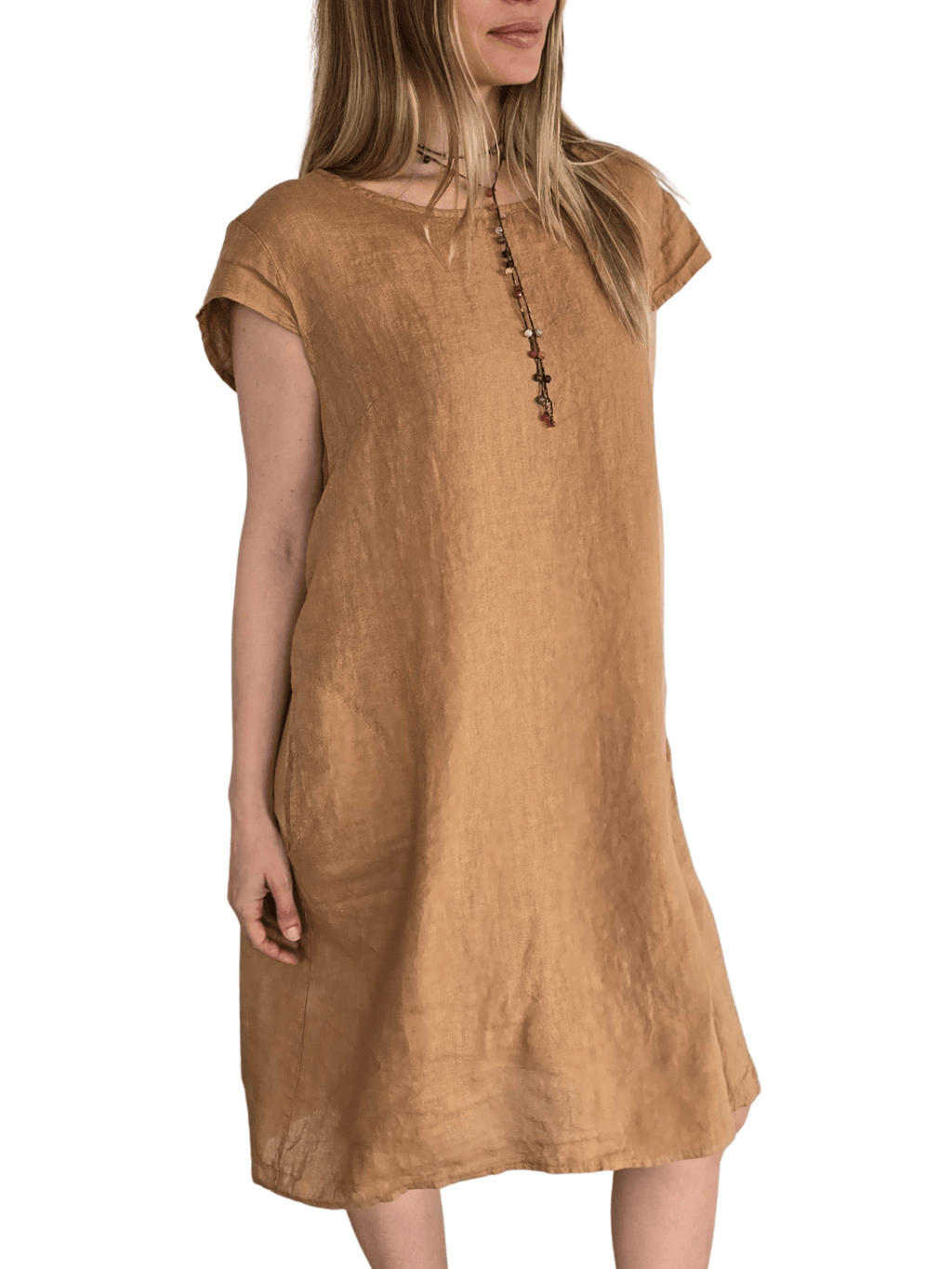 Vestido Italiano 100% Lino, color Camel