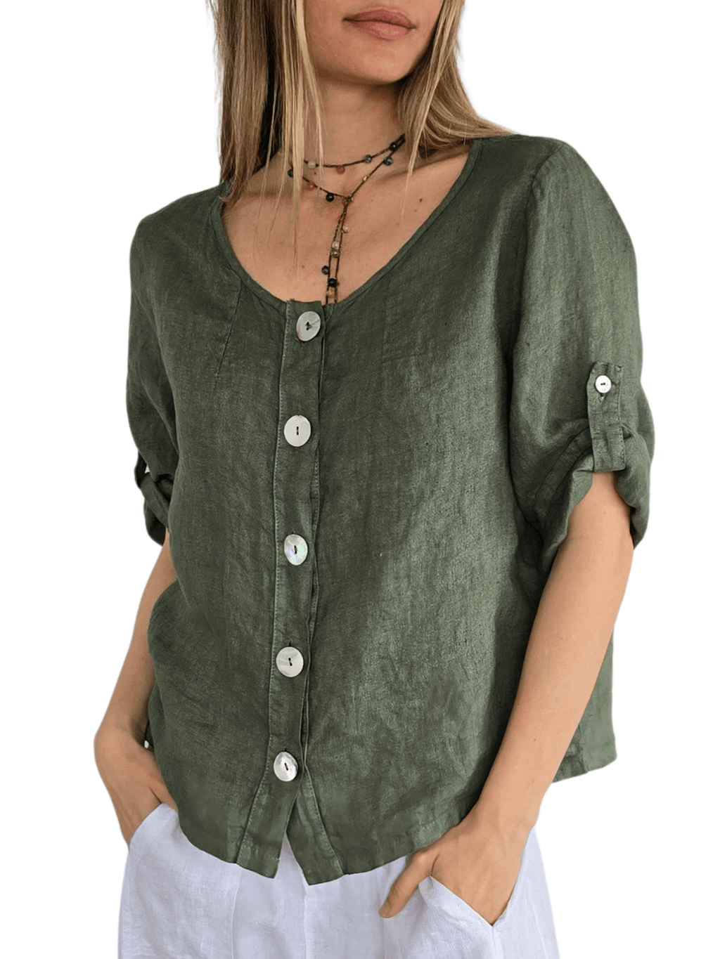 Blusa Italiana 100% Lino Botones, color Verde