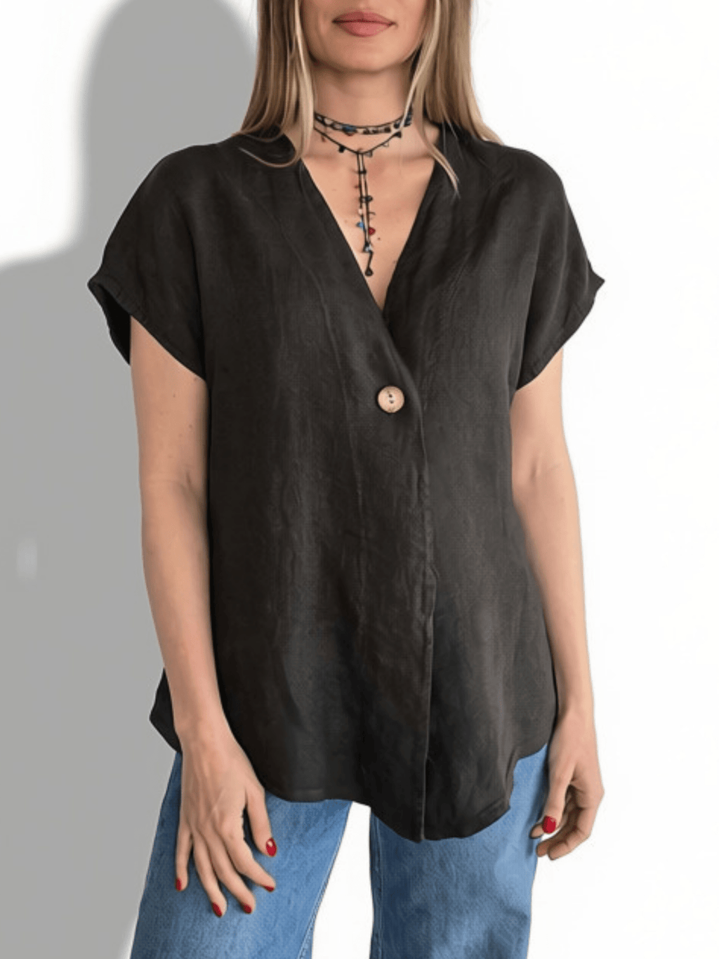 Blusa Italiana 100% Lino un botón, color Chocolate