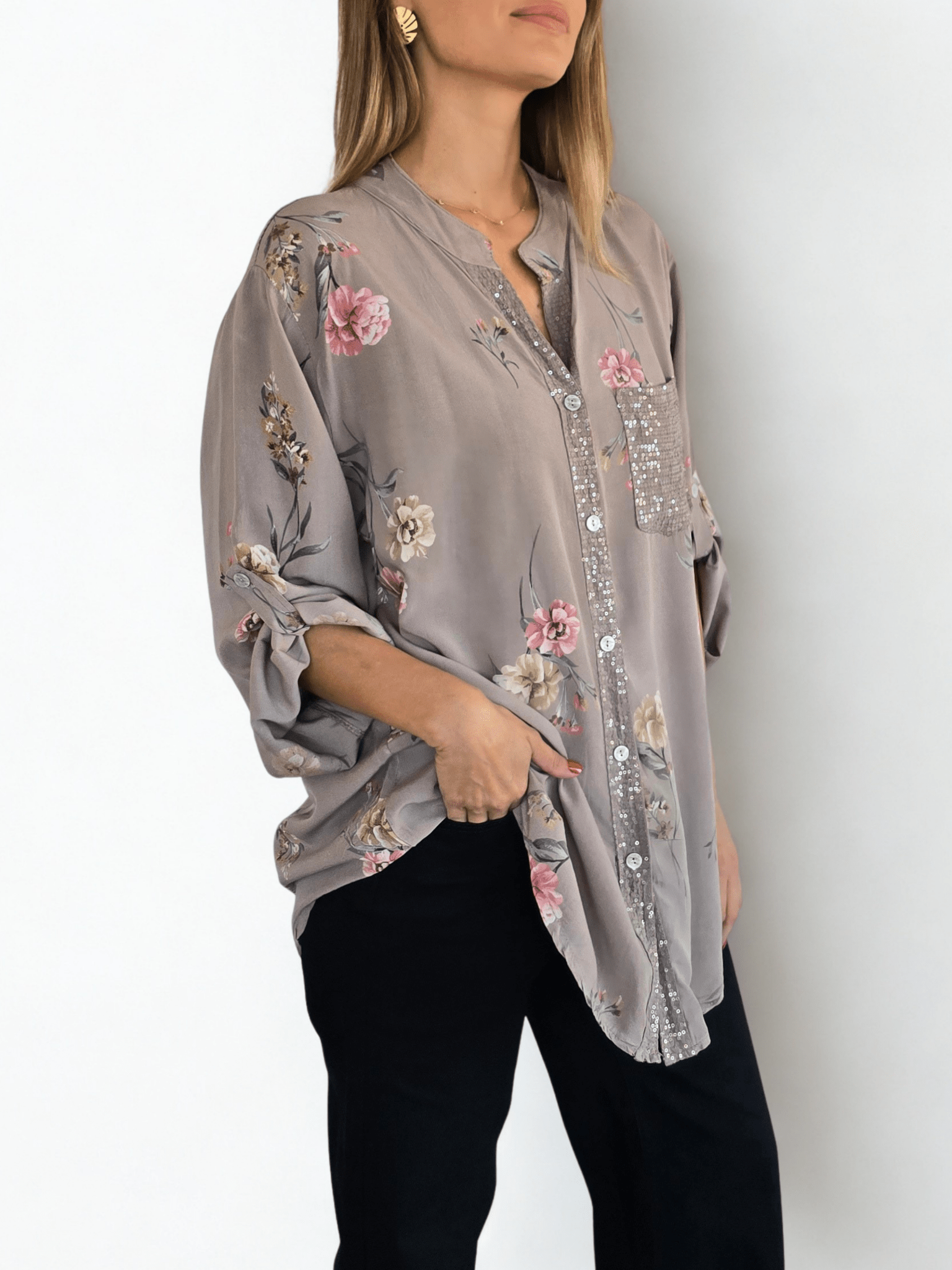 Blusa Italiana estampada, fondo Taupe