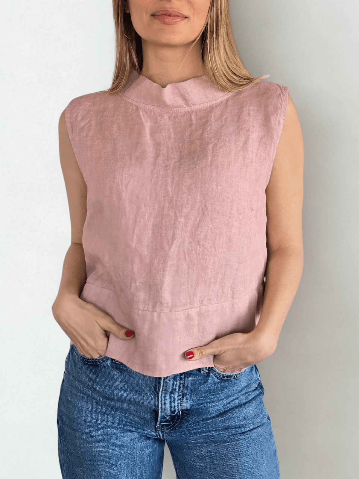 Blusa Italiana 100% Lino, corta, color Rosado