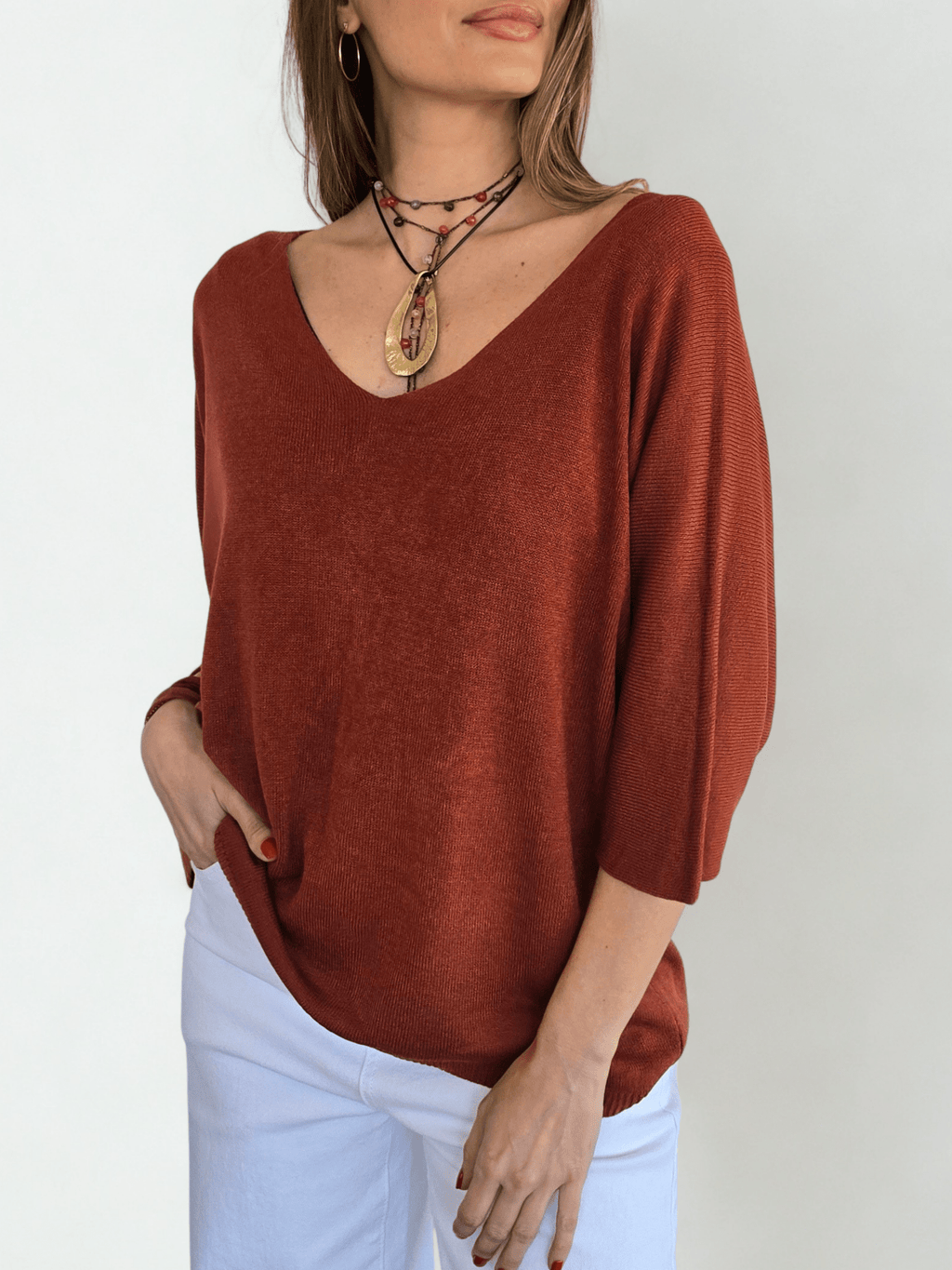 Sweater Italiano Manga 3/4, color Terracota