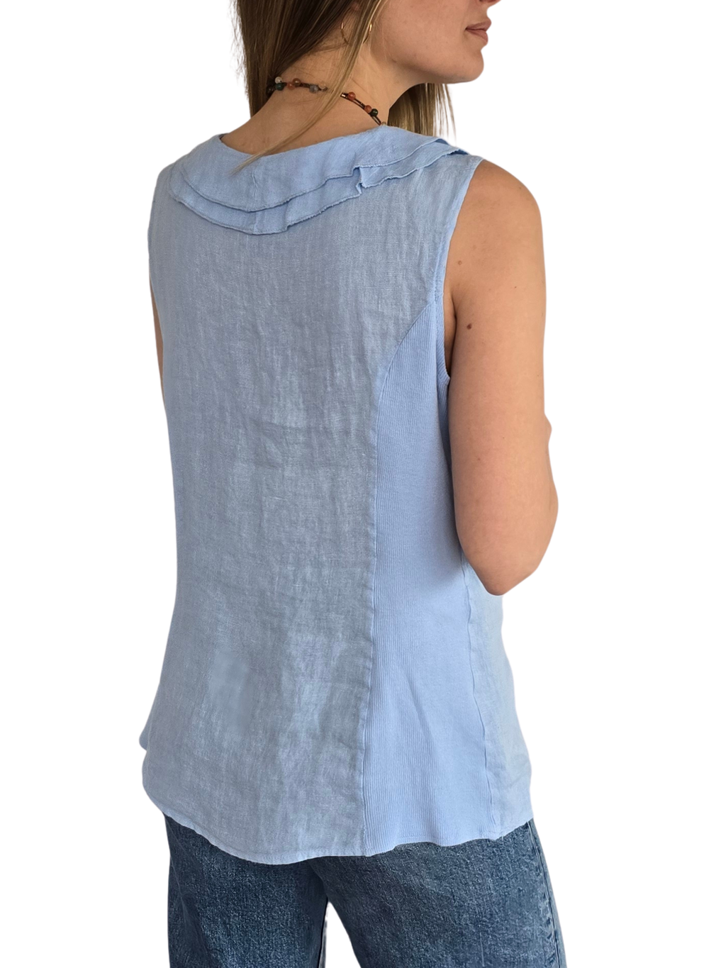 Blusa Italiana 100% Lino Vuelos, color Celeste