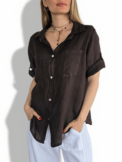 Blusa Italiana 100% Lino Dos Bolsillos, color Chocolate