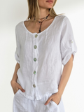Blusa Italiana 100% Lino Botones, color Blanco